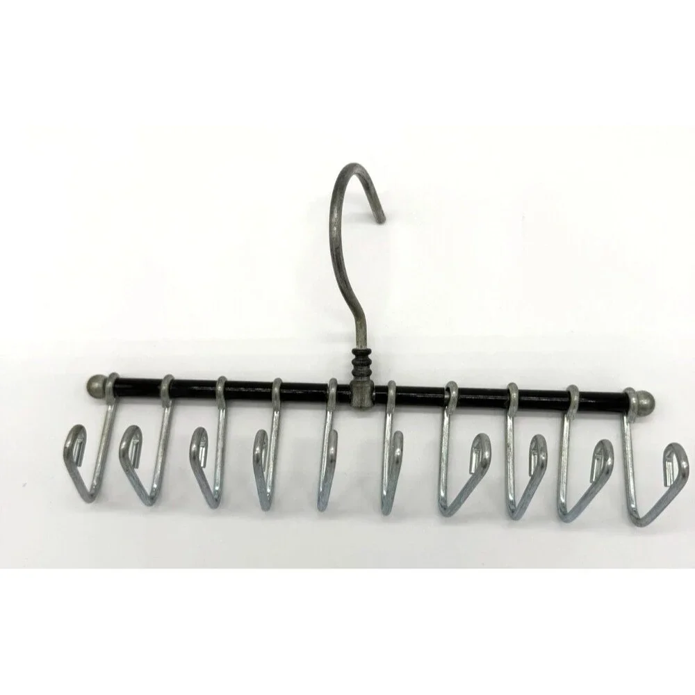 Vintage Tie & Belt Hanger - 10 Hook Metal Closet Organizer - Black & Chrome